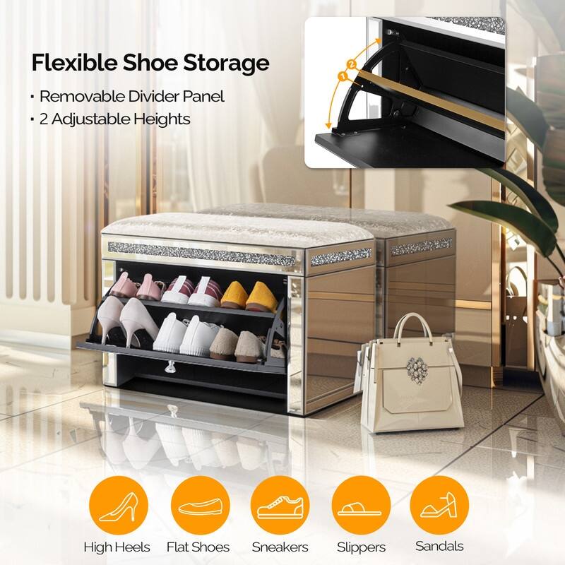 Pre-Assembled Mirrored Shoe Storage Bench with Flip Drawer Silver