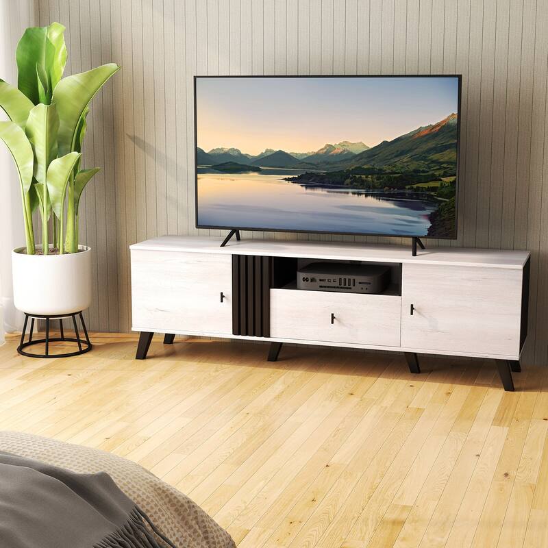 Modern Wooden TV Stand with Storage Cabinets and Drawer for TVs up to 80" Fluted Panel and Metal Hardware - 68" x 16" x 21"