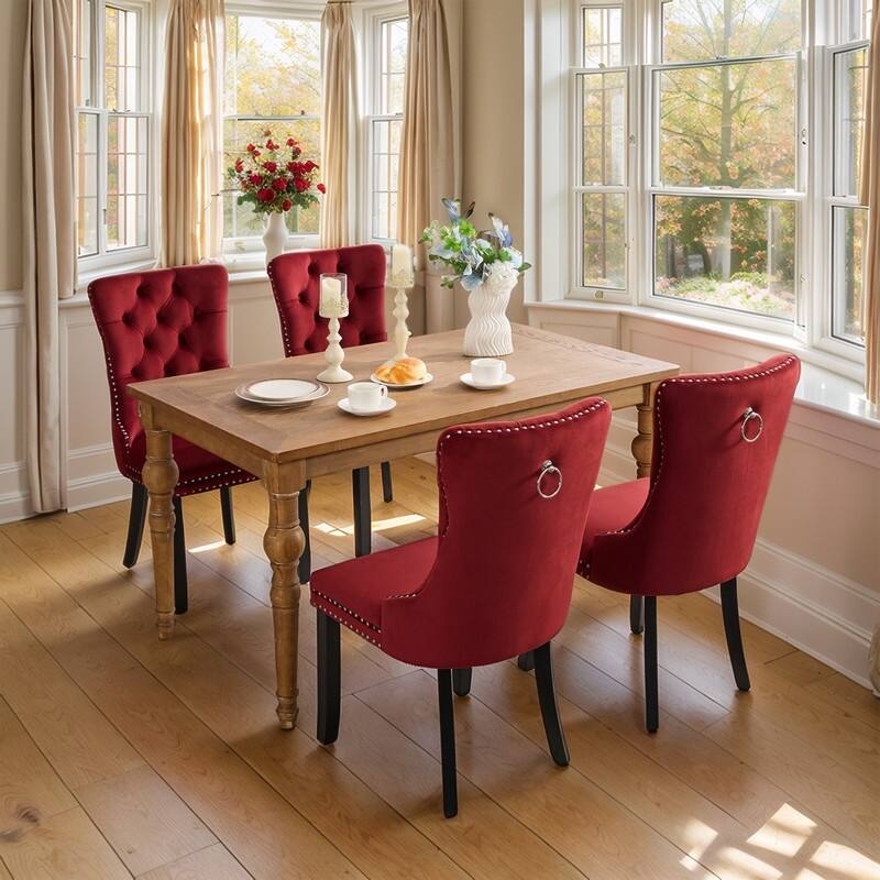 High-end Tufted Velvet Upholstered Nailhead Dining Chair Set of 4 - Wine