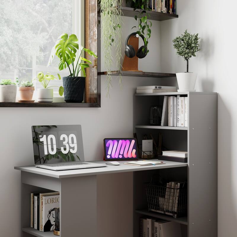 Space-Saving Grey Engineered Wood Computer Desk with 6-Tier Storage Shelves for Home or Office