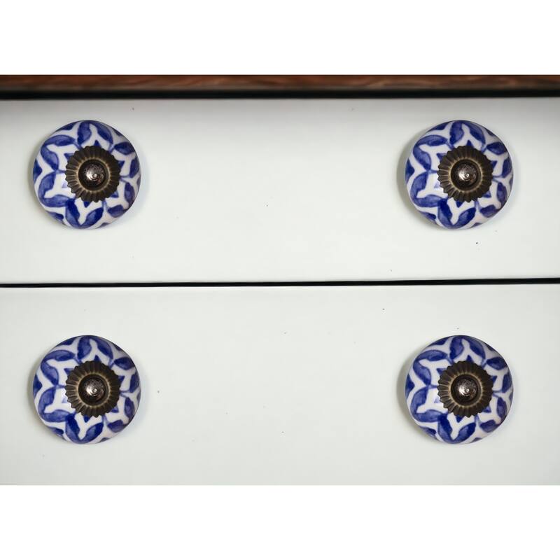Set of 8 Blue White Round Ceramic Drawer Pull Knobs with Backplate for Traditional Botanical Furniture - 1.5” x 1.5” x 1.5”