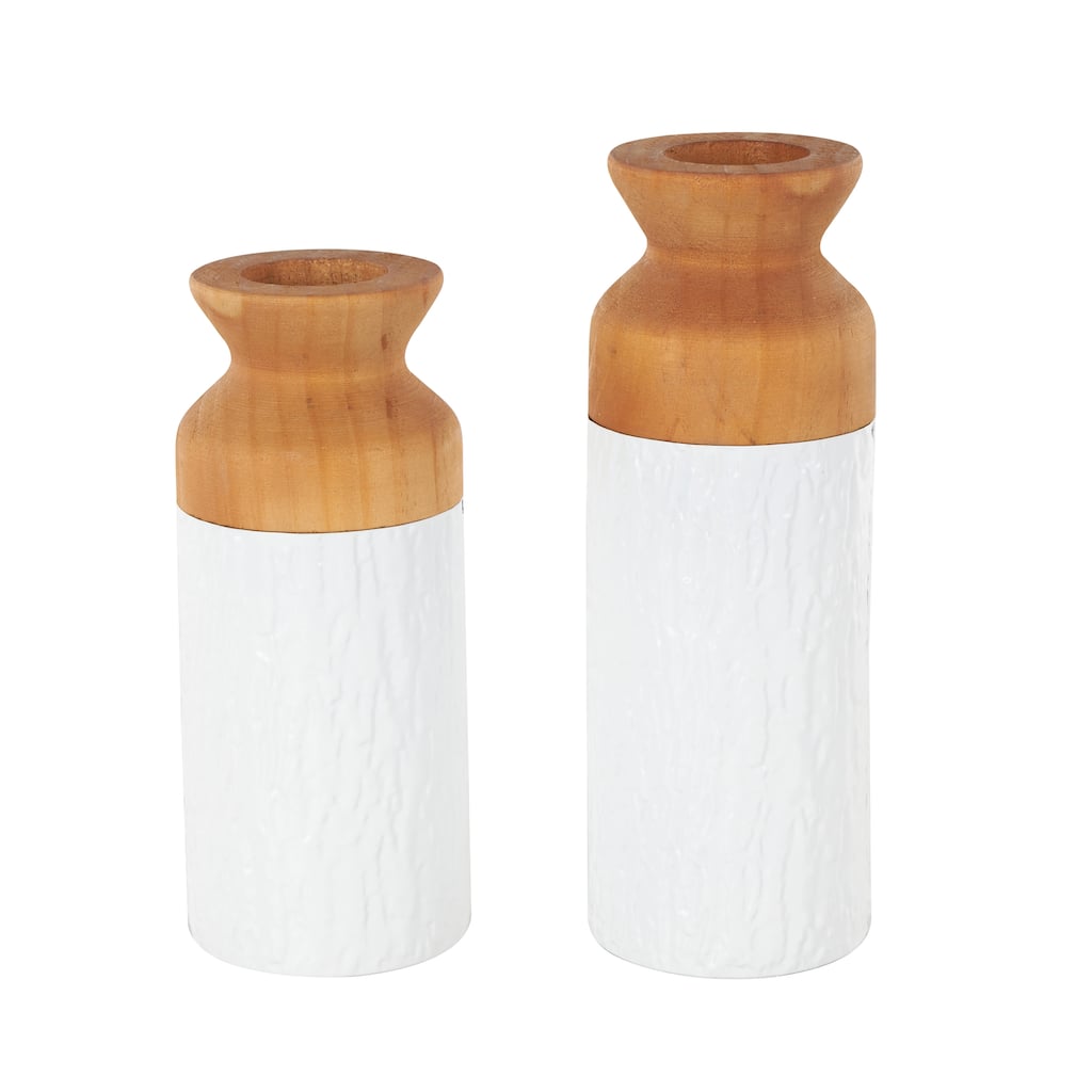 Metal Abstract Textured Color Block Decorative Vase with Brown Wood Tops - Set of 2 White - Roche River Decor - 4"W x 4"L x 11"H