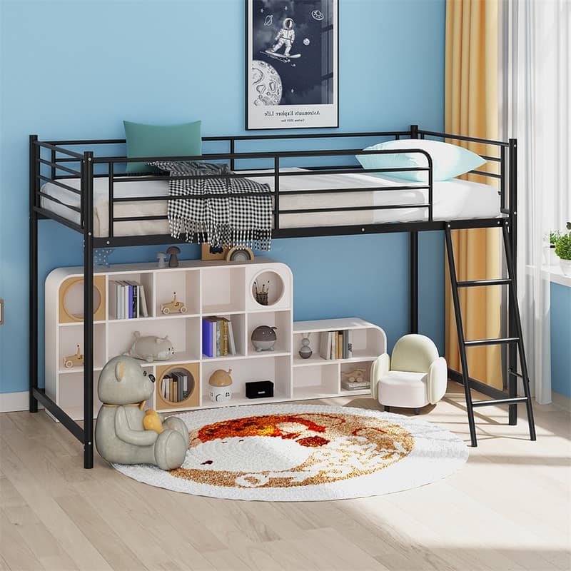 Junior Metal Twin Loft Bed With Guard Rails And Stairs