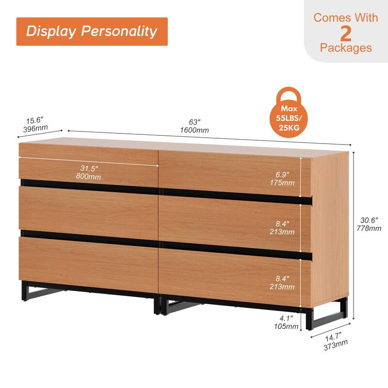 Dresser for Bedroom, Closet Organizers and Storage, Chest of Drawers with Metal Base, Modern Wood Dresser for Living Room