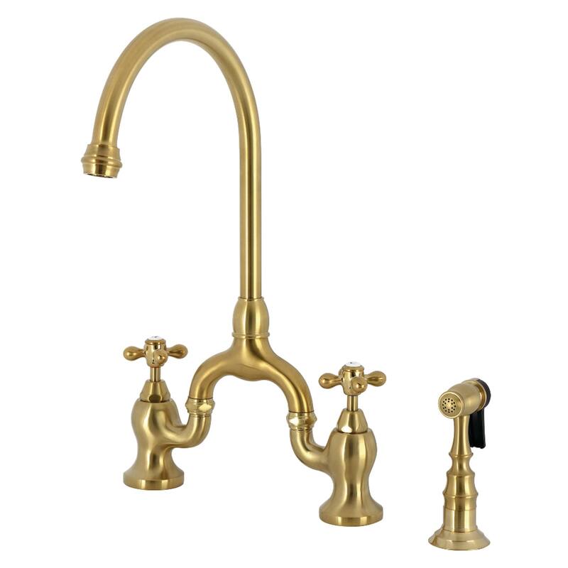 English Country Bridge Kitchen Faucets with Brass Sprayer - Chrome/Clear