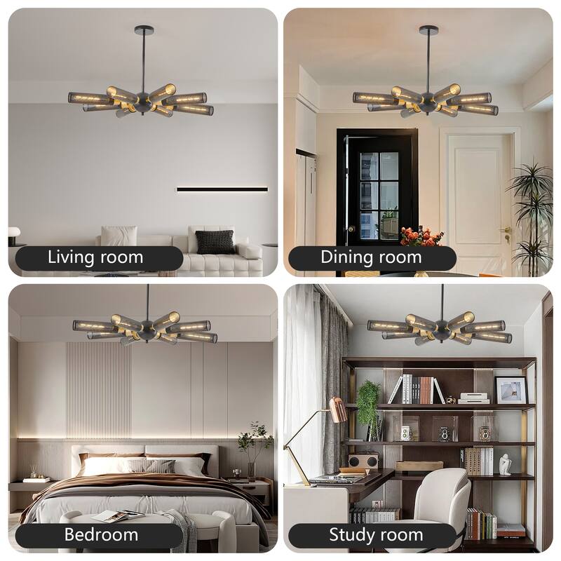 Modern Industrial Chandelier, 8-Light with Black and Gold Pendant Light Mesh Shades, for Dining Room, Living Room