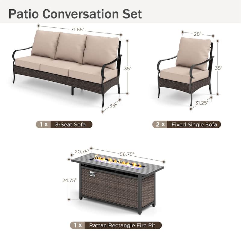 MAISON ARTS 4/6 Pieces Outdoor Heavy-Duty Oversized Metal Conversation Set with Fire Pit Table