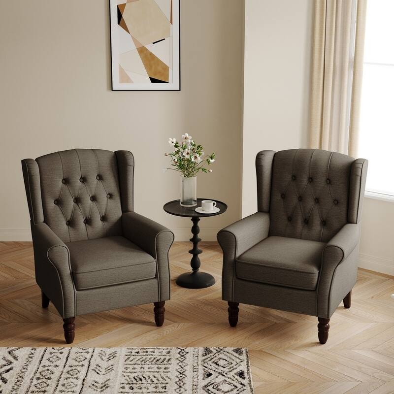 Button-Tufted Accent Club Chair Wingback Armchair Set of 2 - TAUPE