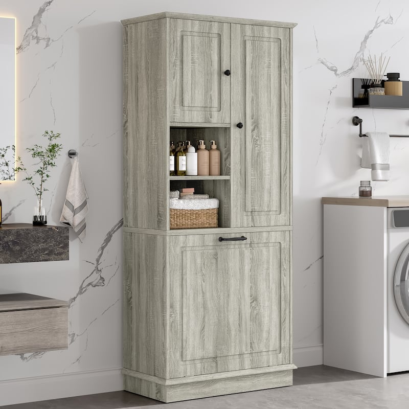 GDFStudio - Tommy Modern Tall Storage Cabinet with Adjustable Shelves and Large Flip-Out Basket - Oak