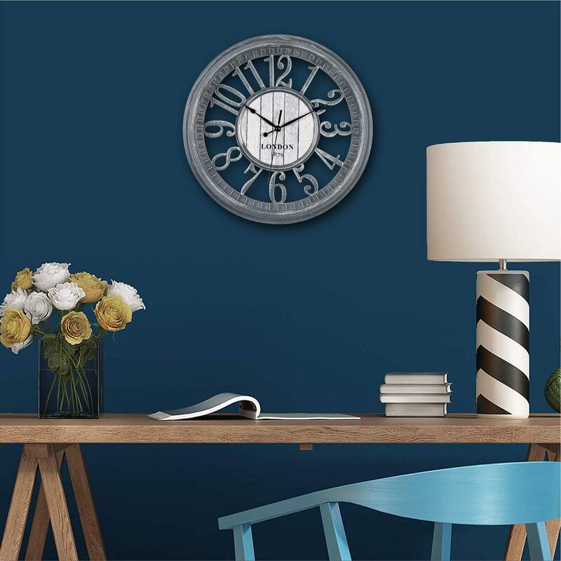 Large Wall Clock 16 Inch Gray Noiseless Battery Operated Quality Quartz Rustic Farmhouse Shabby Chic Vintage Design
