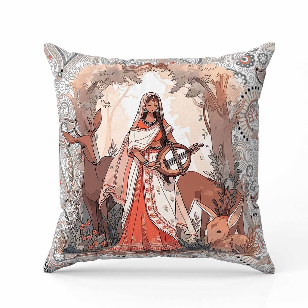 Forest Melodies Faux Suede Reversible Throw Pillow White and Orange