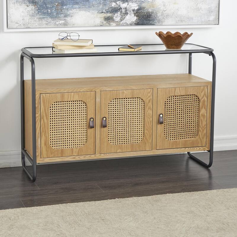 Wooden 3 Door Console or 1 Shelf Coffee Table with 2 Cane Front Drawers and Gray Metal Frame - Brown - Roche River Decor