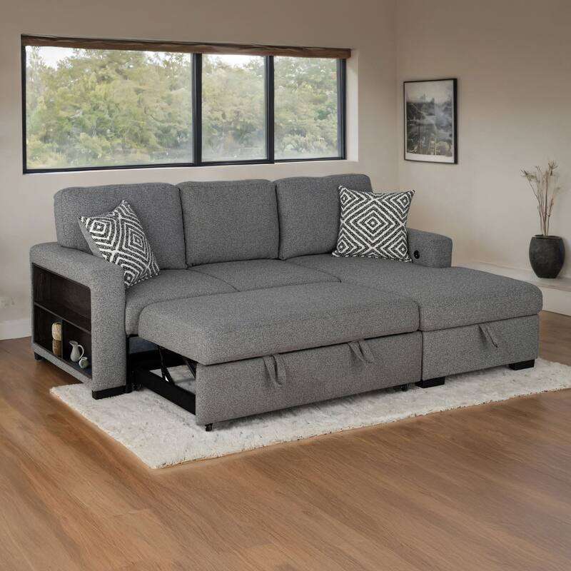 Furniture of America Oswin Modern Grey Pull-Out Sleeper Sofa Sectional with Storage Shelves and USB Ports - Right Facing