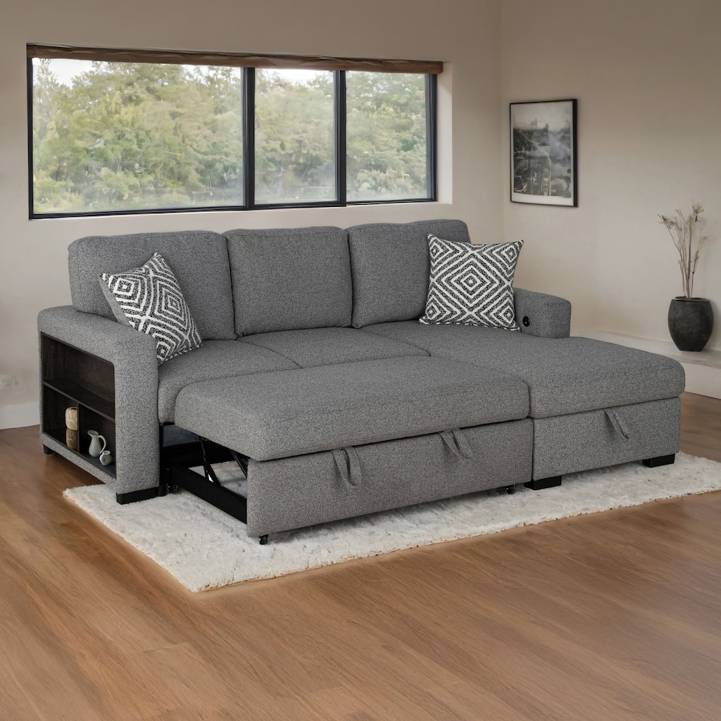 Furniture of America Oswin Modern Grey Pull-Out Sleeper Sofa Sectional with Storage Shelves and USB Ports