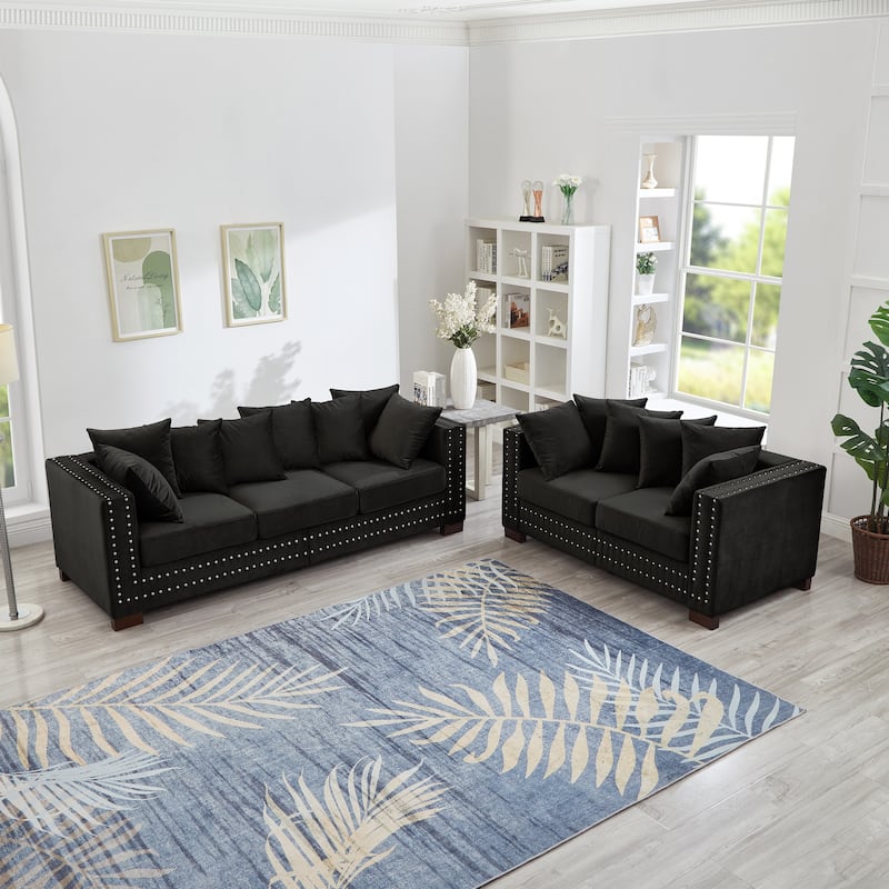Velvet Upholstered Storage Sofa Set with Loveseat Sofa and 3 Seater Couch, Square Armrests with Silver Nails Decoration - Black