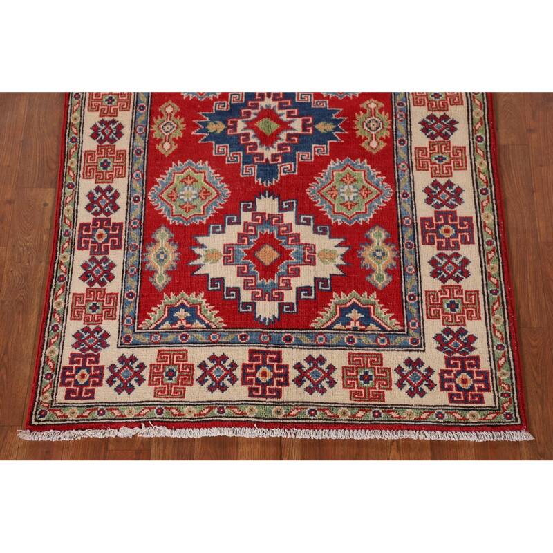 Geometric Kazak Oriental Accent Rug Handmade Red Wool Carpet - 3'3"x 5'0"