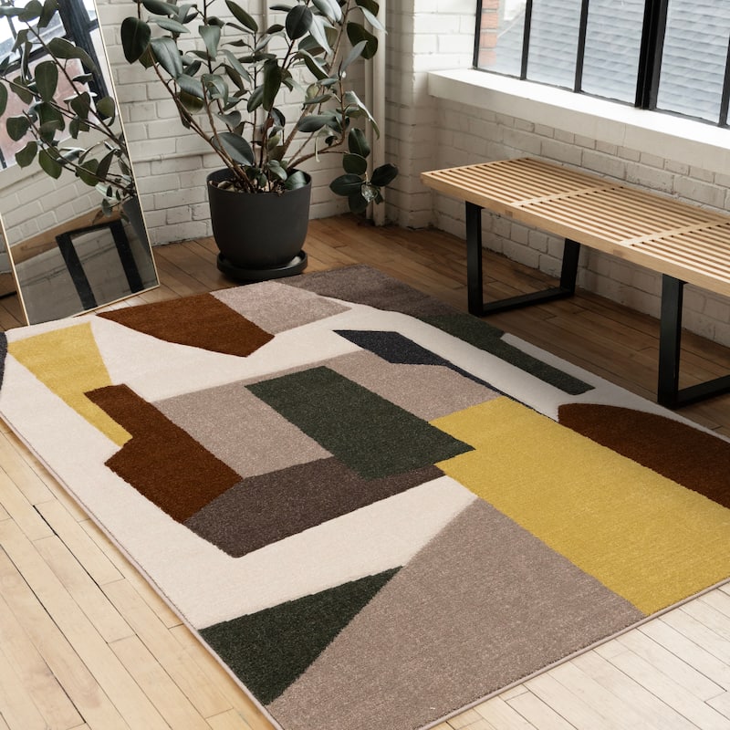 Green Yellow Brown White Blue Geometric High-Traffic Area Rug
