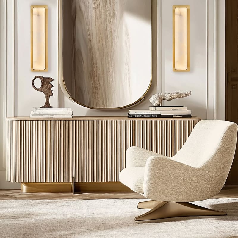 KAYLA 1-Light Gold LED Wall Sconce, Natural Alabaster Wall Sconce, Rectangular Bedside Wall Lighting (Set of 2)
