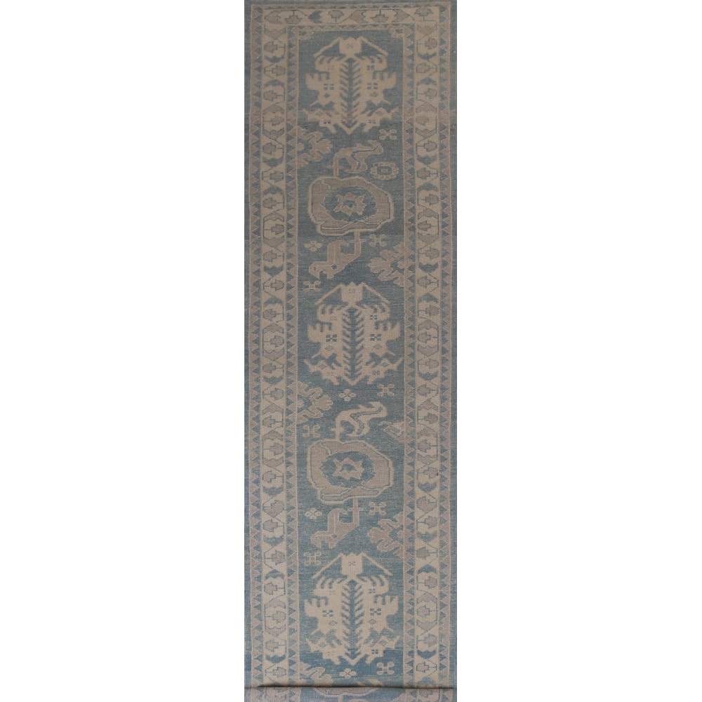 Hand Knotted Oriental 100% Wool Carpet Transitional Geometric Navy Blue & Blues Oushak Runner Rug - 18' 10'' X 3' 5''