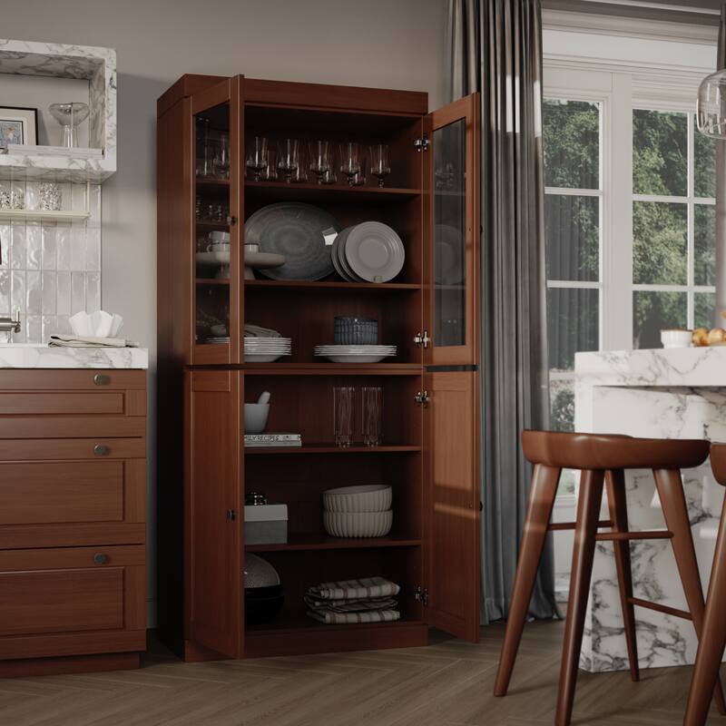 Palace Imports 100% Solid Wood 32" Pantry Cabinet with Clear Glass, Shaker Doors and Adjustable Shelves - Mocha