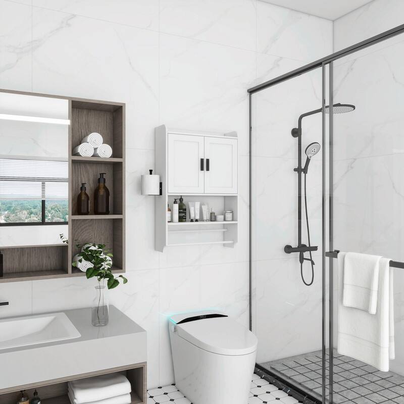 Bathroom Wall Cabinet with Adjustable Shelf, Towel Bar, and Paper Holder