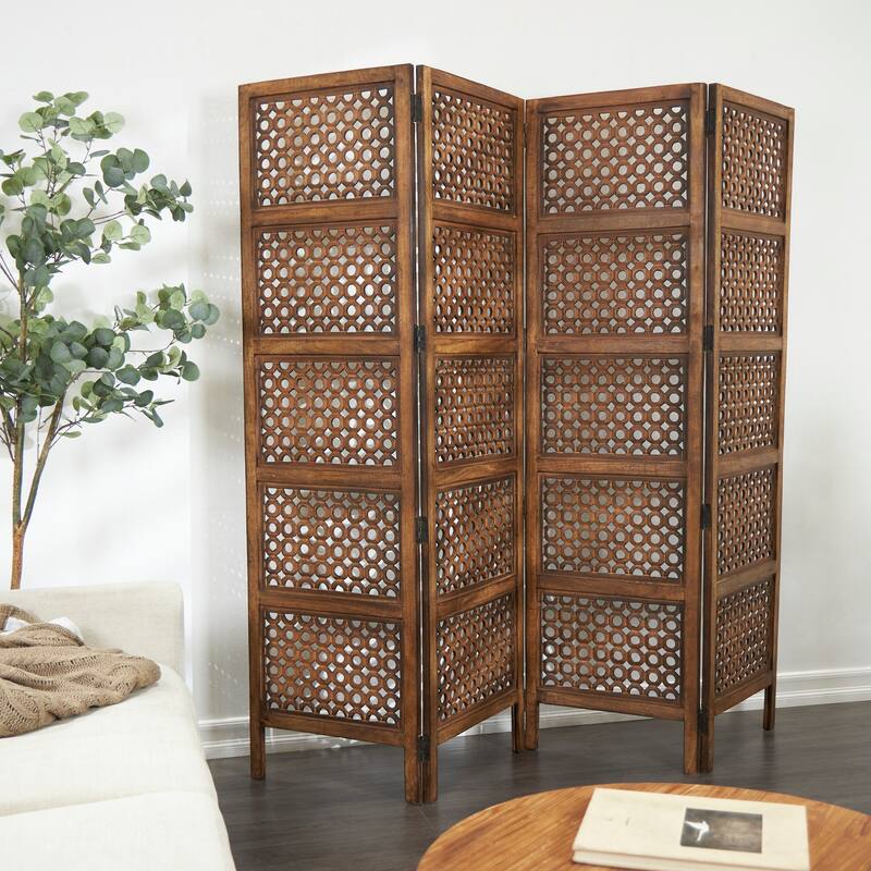 Brown Wooden Handmade Hinged Foldable Partition 4 Panel Floral Partition Room Divider Screen with Intricately Carved Designs - Brown