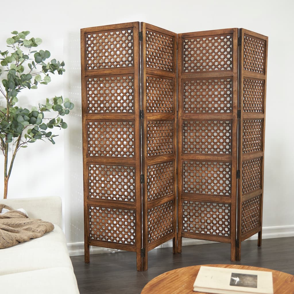 Brown Wooden Handmade Hinged Foldable Partition 4 Panel Floral Partition Room Divider Screen with Intricately Carved Designs