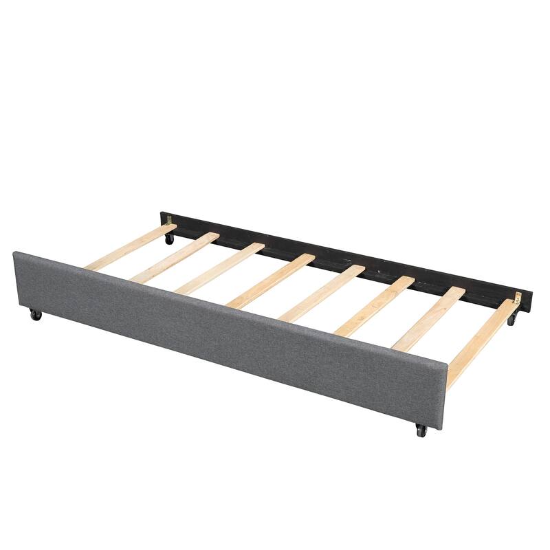 Full Size Upholstered Bed Frame with Trundle, Linen Platform Bed for Guests