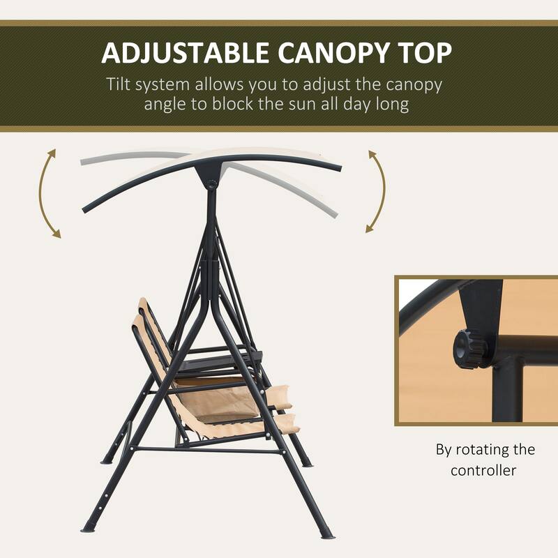 Outsunny 2 Person Front Porch Swing Chair with Cup Holder and Center Compartment, Outdoor Patio Swing with Adjustable Comfort