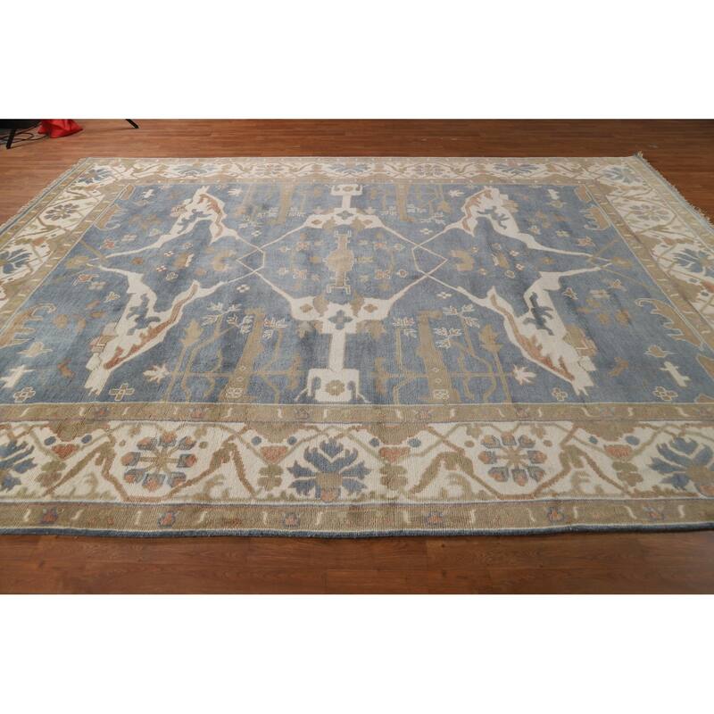 Blue & Ivory Oushak Indian Area Rug Handmade Wool Carpet - 9'2"x 12'0"