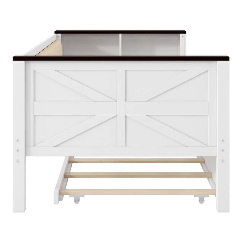 GDFStudio - Modern Wooden Twin Daybed with Storage Shelves, USB and Trundle