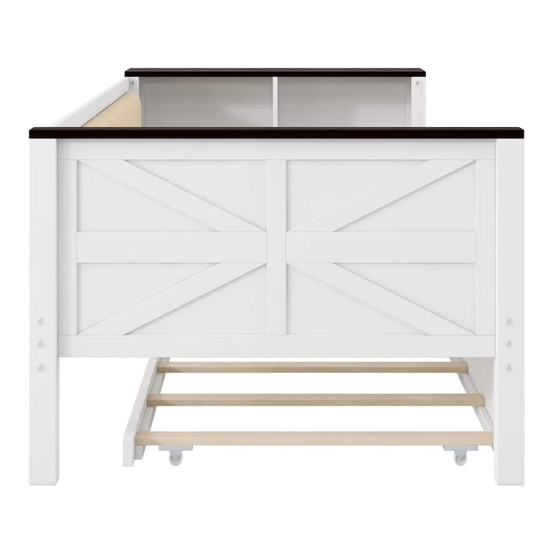 GDFStudio - Wood Daybed with Storage Shelves, Upholstered Backrest, Trundle and USB