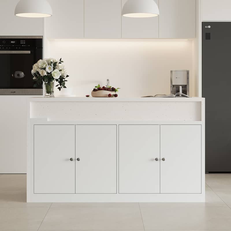 Modern Kitchen Island with Pull-Out Faux Marble Top, White Storage Cabinet with Large Capacity Shelves Kitchen Dining Table