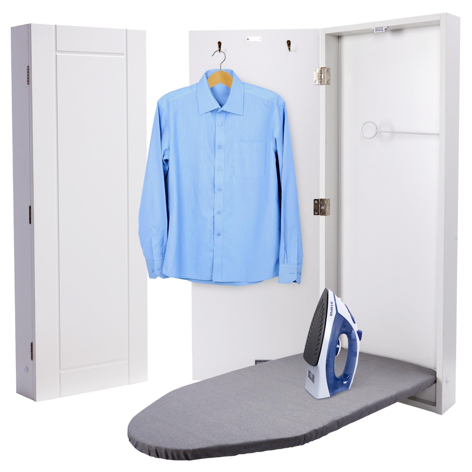 Ivation Wall-Mounted Ironing Board Cabinet, Foldable Storage Station, Easy-Release Lever, Garment Hooks, Left Sided Door, White