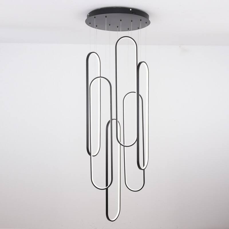 Modern Chandelier 6 Ring Adjustable Height Long Staircase LED Chandeliers Foyer Ceiling Light