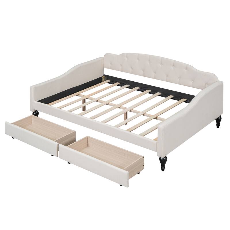 Full Minimalist Style Daybed Wood Structure Bedframe with 2 Drawers, Curve Design Soft Backrest Wood Slat Support, Beige+2Drawer
