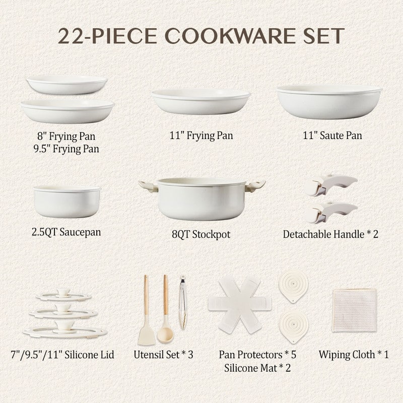 22 Pcs Nonstick Pots And Pans Set Cast Aluminum Cookware Set With Detachable Handles