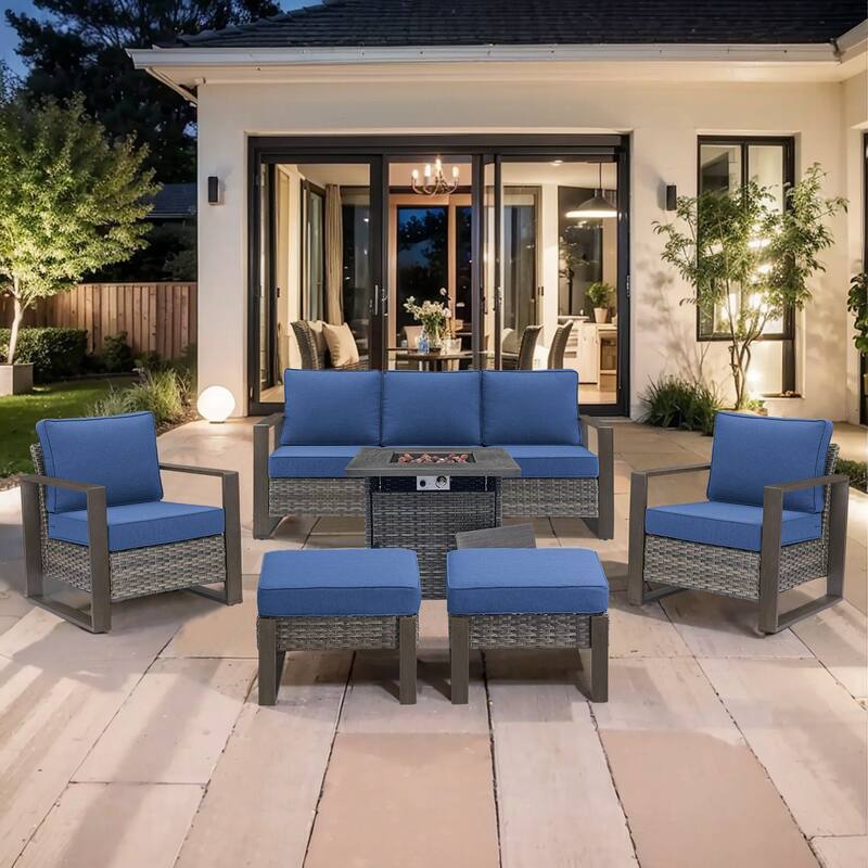 Pocassy Outdoor 30" Fire Pit Table with Sofa Swivel Chair Set - Grey Wicker Blue Cushion - 6-Piece Sofa Patio Chair Ottoman with Fire Table