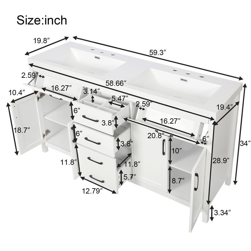 59.3" Modern Double Bathroom Vanity, Solid Wood Frame with SMC Sinks, Soft-Close Doors & Drawers