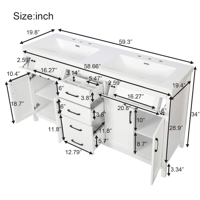 59.3"Bathroom Vanity with Solid Wood Frame, Double SMC Sink, Damping Hinges & Hidden Slides, 4 Doors, 3 Drawers, 2 Flip Drawers