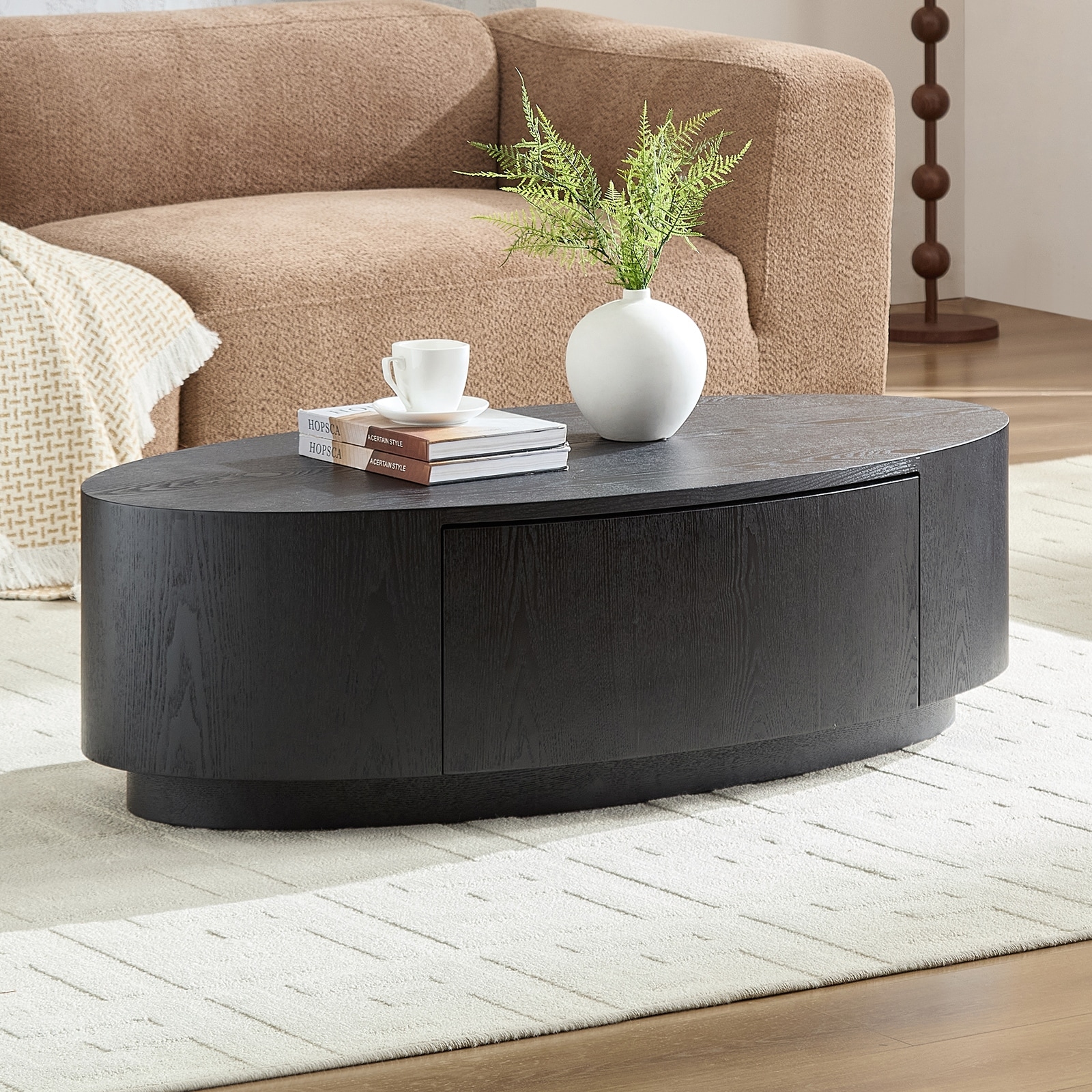 Oval Coffee Table Accent Table with Drawer, Elegant Side Table Sofa Table Center Table Black End Table