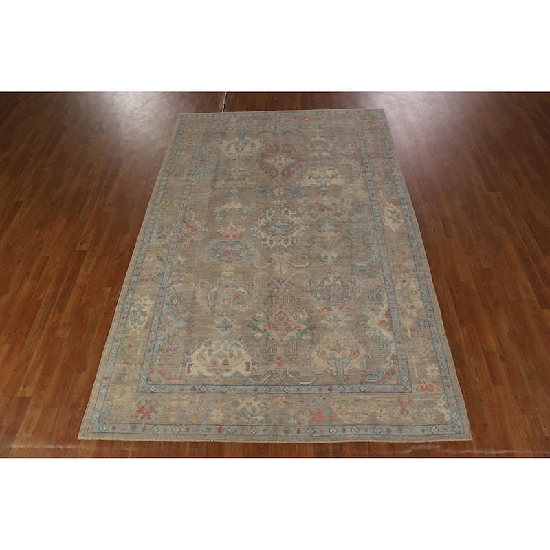 Hand Knotted Oriental 100% Wool Carpet Transitional All-Over Beige & Ivories Oushak Area Rug - 9' 3'' X 6' 2''