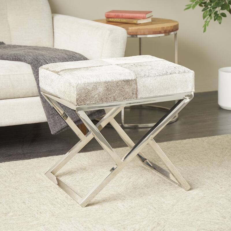 Leather Geometric Home Bench with Angled Silver Metal Base - Light Grey - Roche River Decor