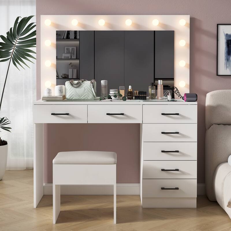White Vanity Desk Set with LED Lighted Mirror Cushioned Stool 7 Drawers Glass Tabletop and USB Charging Station - White