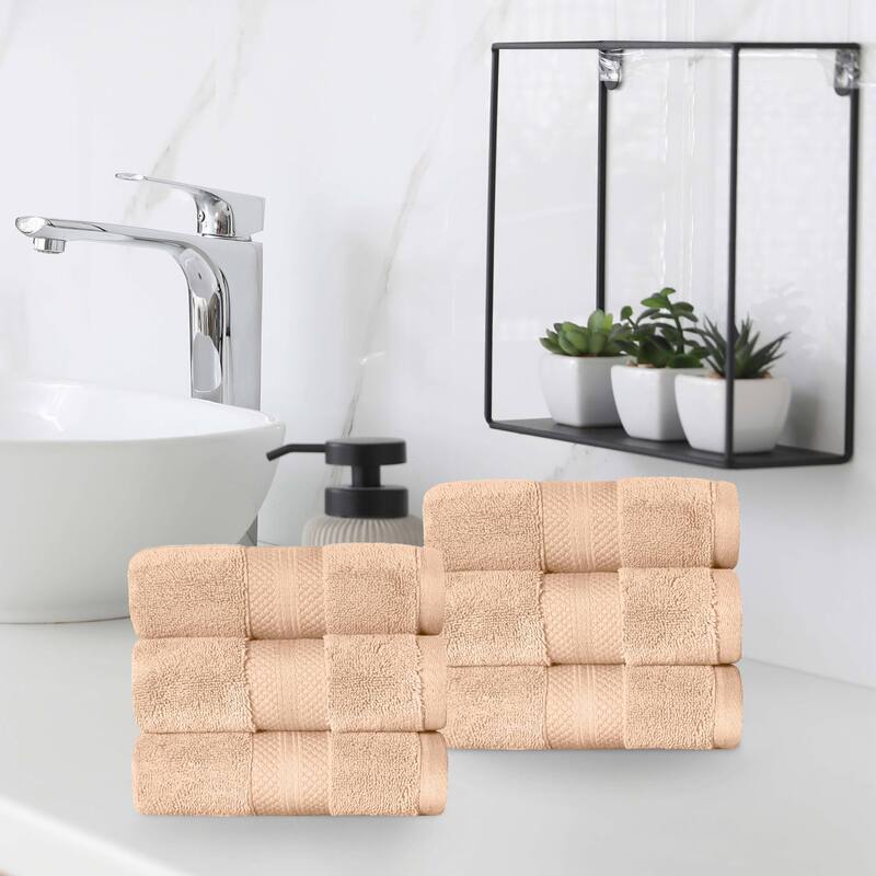 Superior Turkish Cotton Solid Heavyweight Hand Towel Set of 6 - Hazelnut