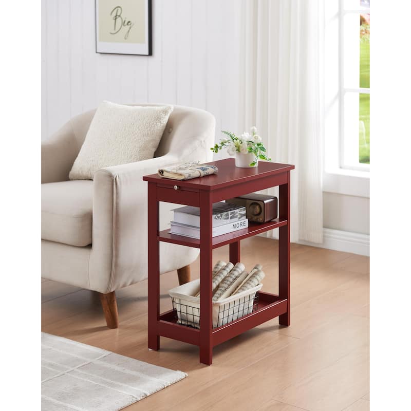 Slim Wood Side End Table with Storage Shelves & Pull-Out Tray, Nightstand for Bedroom, Living Room - 20"L x 11"W x 24"H - Red