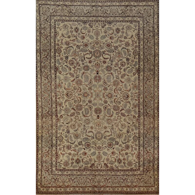 Hand Knotted Oriental 100% Wool Carpet Traditional All-Over Beige & Ivories Tabriz Area Rug - 11' 0'' X 7' 0''