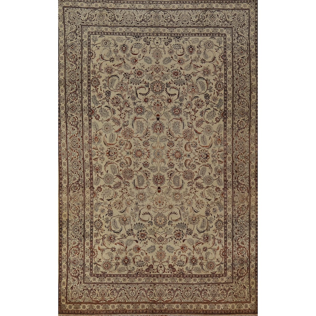 Hand Knotted Oriental 100% Wool Carpet Traditional All-Over Beige & Ivories Tabriz Area Rug - 11' 0'' X 7' 0''