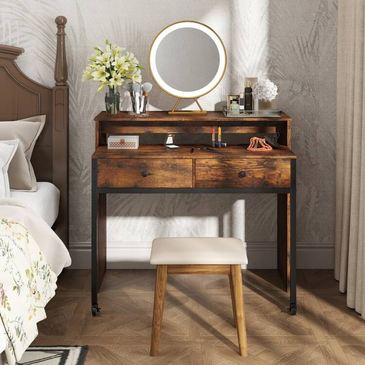 Multifunctional Natural Engineered Wood Extendable Desk with 2 Drawers