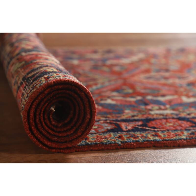 Hand Knotted Oriental 100% Wool Carpet Traditional Floral Red Heriz (serapi) Runner Rug - 12' 8'' X 3' 4''